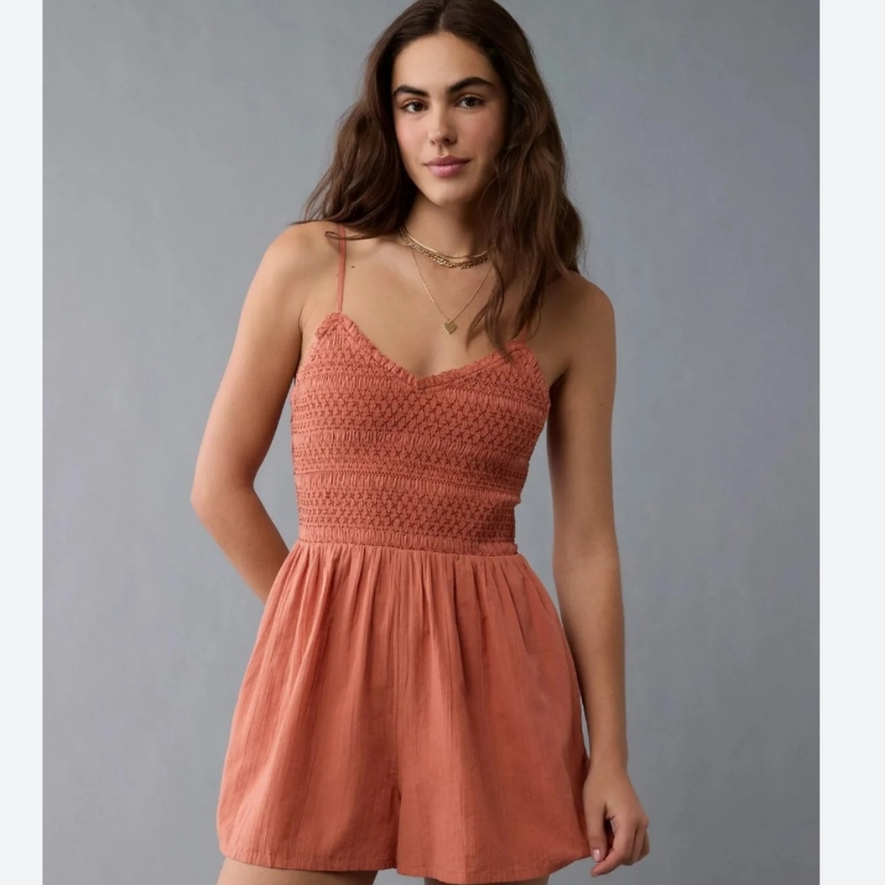 American Eagle Textured Smocked V-neck Rust Orange Spaghetti Strap Romper